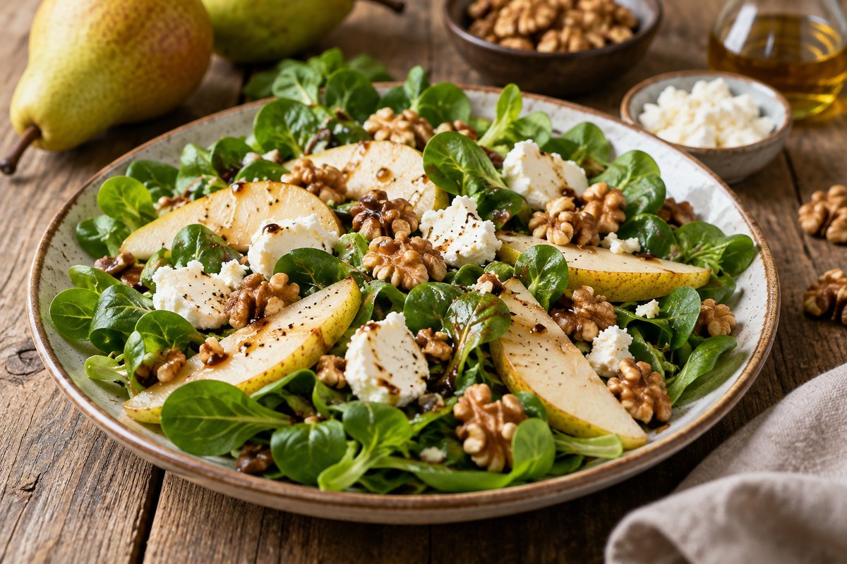 Birnen-Walnuss-Salat mit Feldsalat, Ziegenfrischkäse und Balsamico auf einem Teller