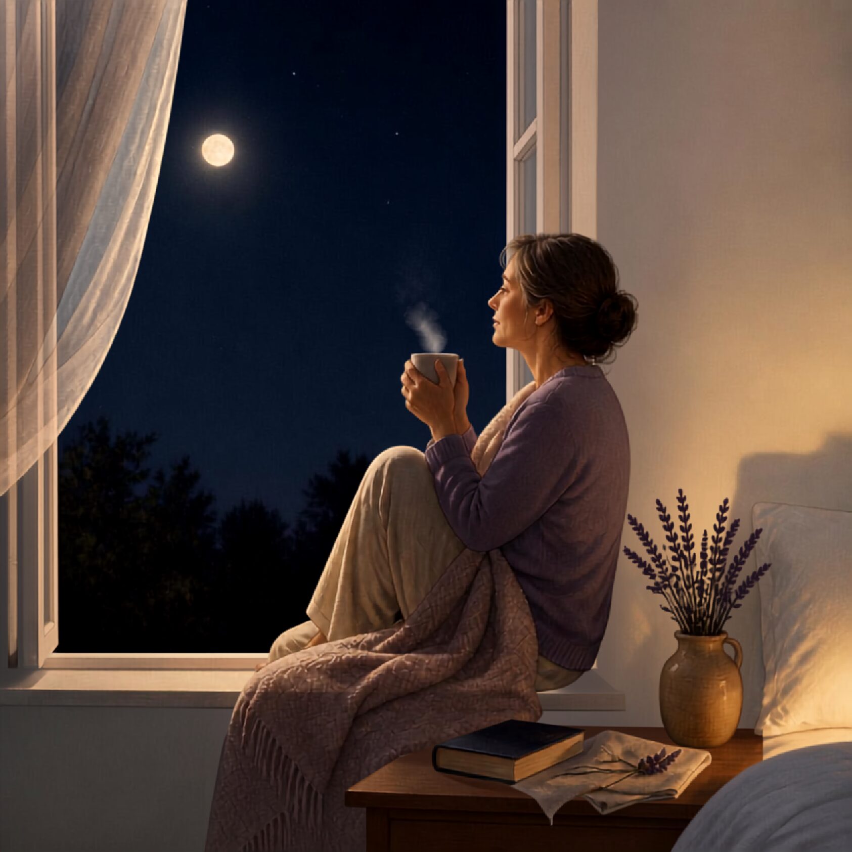 Frau sitzt abends mit einer Tasse Tee am Fenster im Mondlicht