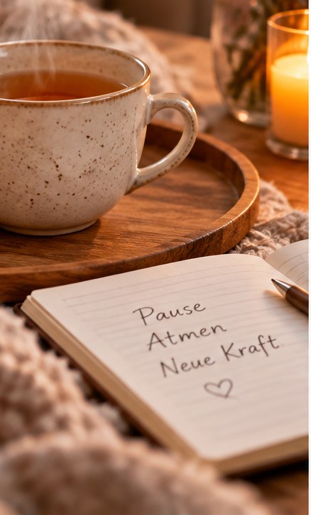 Tasse Tee und ein aufgeschlagenes Notizbuch neben einer Kerze