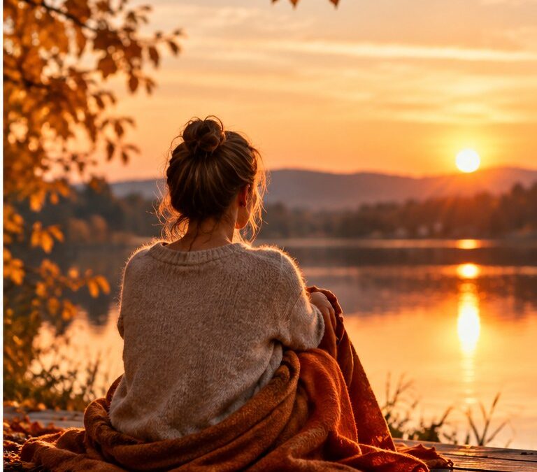 Frau sitzt abends in eine Decke gehüllt am See und schaut in den Sonnenuntergang