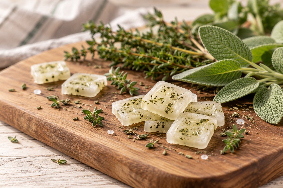 Selbstgemachte Kräuter-Hustenbonbons mit Salbei und Thymian auf einem Holzbrett